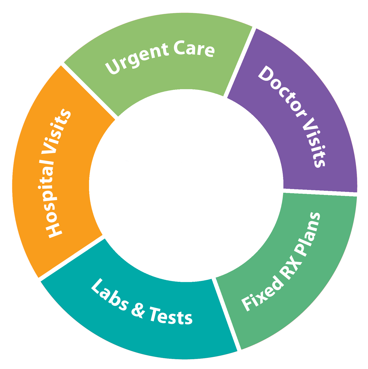 Coverage areas: hospital visits, urgent care, doctor visits, labs and tests, fixed RX plans