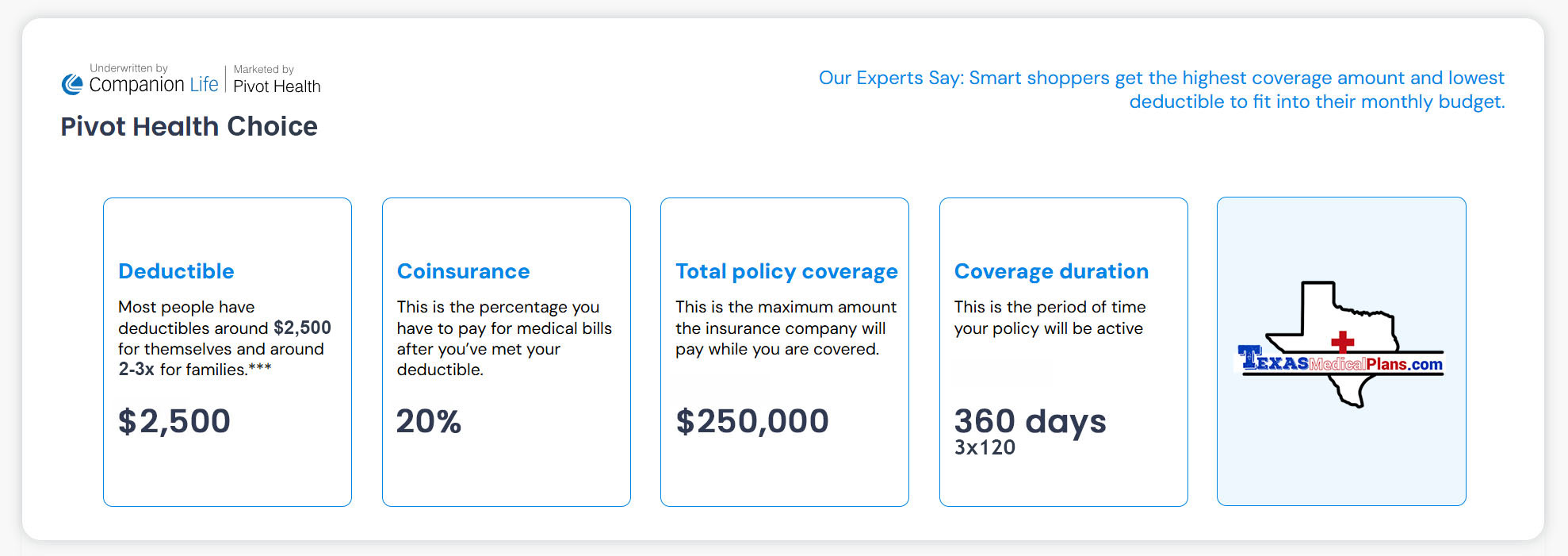 Pivot Health Choice economy plan details: deductible, coinsurance, total policy coverage, and coverage duration
